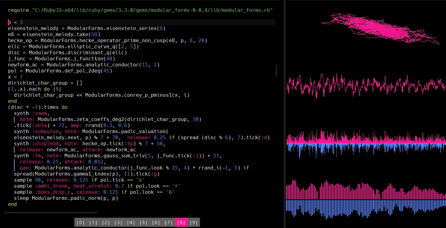Picture of modular forms library on Sonic Pi