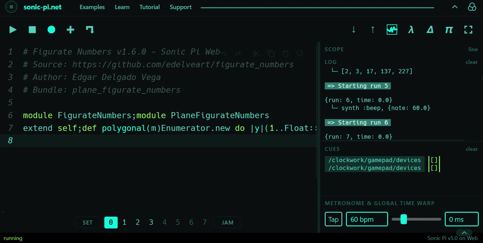 Sonic Pi Web and Figurate Numbers, Minified